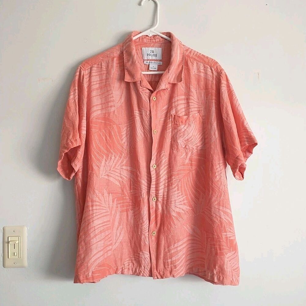 28 Palms Hawaiian Shirt Mens XL Red Palm Floral Linen Silk Blend Relaxed Beach